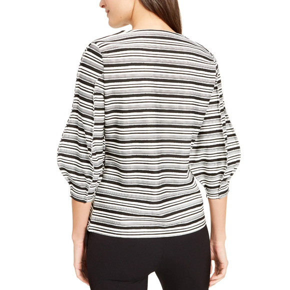 AlfaniTunic Blouse Raw Edge Bubble 3/4 Sleeve Black and Cream Striped - Picture 2 of 8